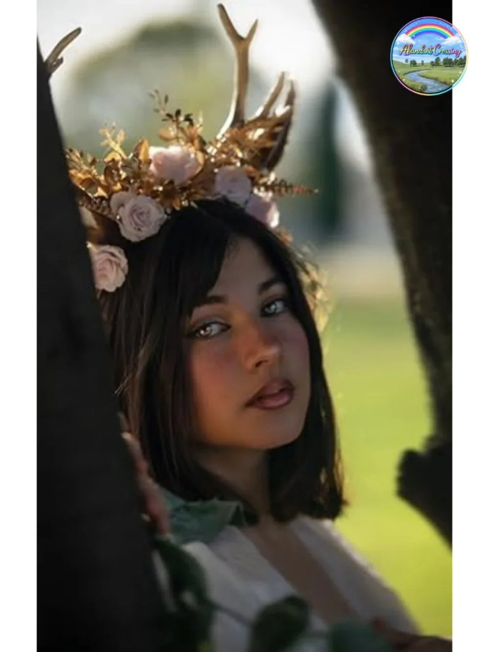 Handmade Gold Flower Antler Headband - Woodland Floral Reindeer Headpiece with